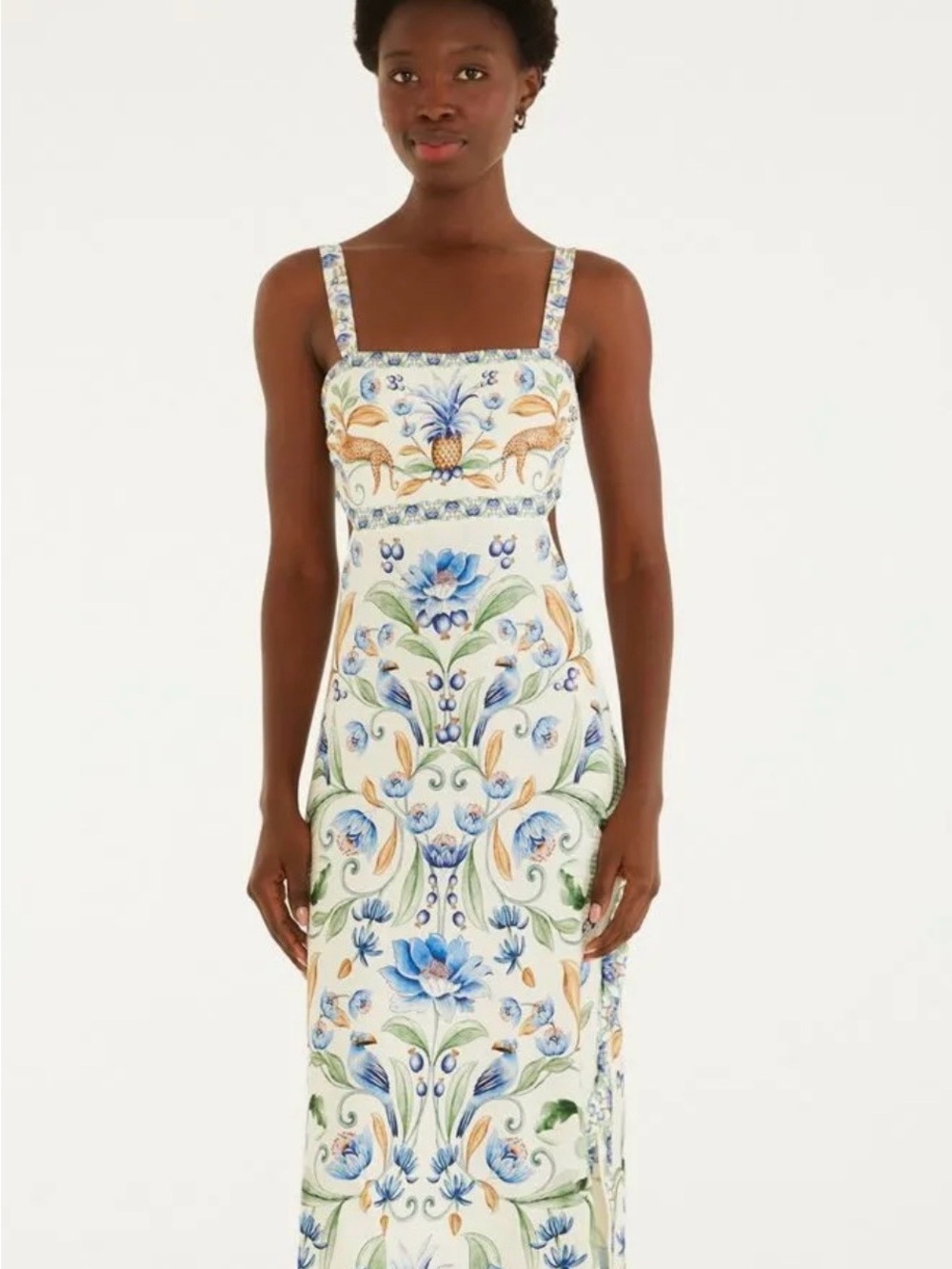 FARM Rio Cream Midi Dress with Blue & Green Floral Tile Print